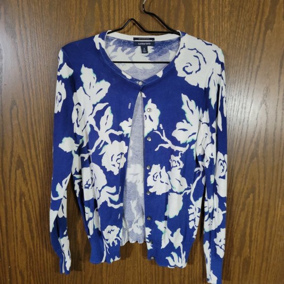 Lands End Supima Cotton Blue and White Floral Cardigan Size Small - Picture 6 of 9